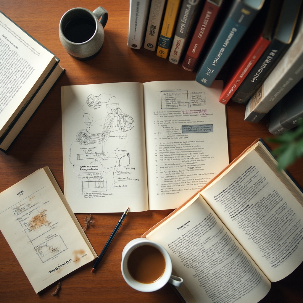 Open behavioral science books and research papers arranged on a wooden desk with warm lighting
