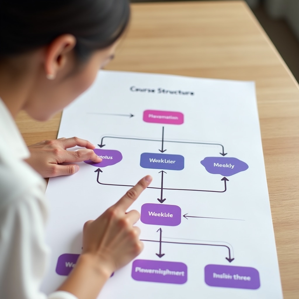 Clean course structure diagram on paper showing six weekly modules with connecting flow