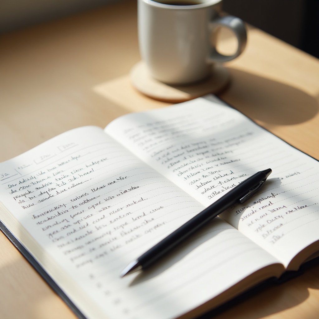 Person writing in a financial habit tracking journal with a pen, coffee cup nearby on a light wooden surface