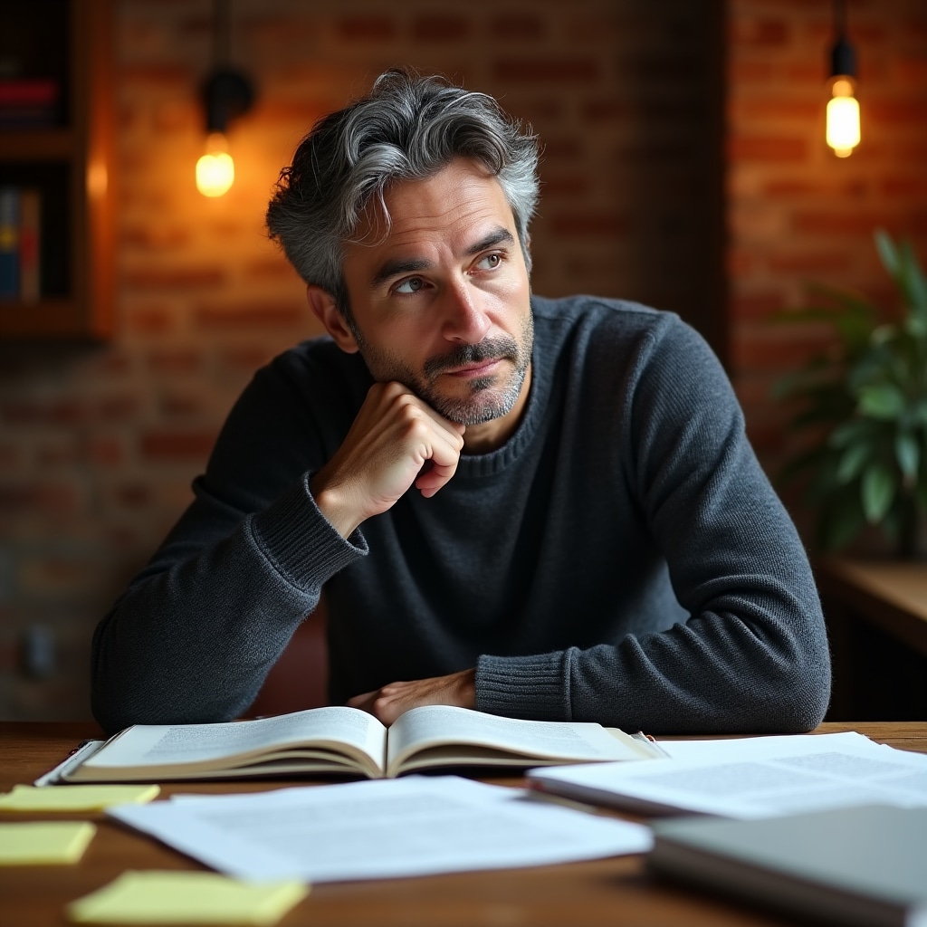 Thoughtful person reviewing behavioral research notes at a desk with soft natural light